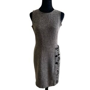LOFT Sleeveless Tweed Sheath Dress Textured Button‎ Ruffle Black Gray Size 0 NEW